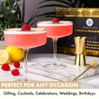 Load image into Gallery viewer, Set of 4 coupe cocktail glasses with raspberry cocktails and gold jigger