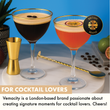 Load image into Gallery viewer, Two Nick and Nora cocktail glasses with gold rim, filled with espresso martini and passion fruit cocktail, styled with gold bar tools and Vemacity branding.