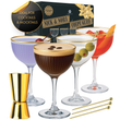 Load image into Gallery viewer, Set of four Nick and Nora glasses with gold rim, filled with colorful cocktails, shown with gold jigger, picks, and luxury Vemacity gift box.
