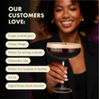 Load image into Gallery viewer, Woman holding Vemacity crystal coupe glass with espresso martini, text highlighting dishwasher safe, unique design, and recipe book included.