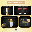 Load image into Gallery viewer, Cocktail gift set includes gold cocktail shaker, 2 ribbed coupe glasses, bar spoon, double jigger, and gift box.