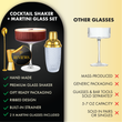 Load image into Gallery viewer, Handmade ribbed coupe glass and gold cocktail shaker set compared to standard cocktail glasses.