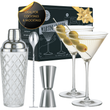 Load image into Gallery viewer, Vemacity cocktail shaker and martini glass gift set: two ribbed glasses with olives, silver glass shaker, bar spoon, and jigger.