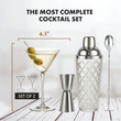 Load image into Gallery viewer, Ribbed martini glass with olives, 4.3 inch wide bowl; set includes 2 glasses, silver glass shaker, bar spoon, and jigger.