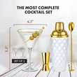Load image into Gallery viewer, Martini glass with olives showing dimensions 5.3 inch tall and 4.3 inch wide with gold shaker.