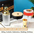 Load image into Gallery viewer, Espresso martini and passionfruit cocktail served in ribbed coupe glasses with gold cocktail shaker gift set.