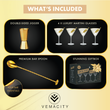 Load image into Gallery viewer, Vemacity martini glass set contents including gold double-sided jigger, 4 ribbed martini glasses, premium gold bar spoon, and gift box.