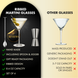 Load image into Gallery viewer, Comparison of Vemacity ribbed martini glasses with handmade design, bar tools, gift-ready packaging versus mass-produced glasses.