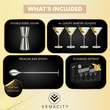 Load image into Gallery viewer, Set of 4 Vemacity ribbed martini glasses with cocktails and olives, includes premium bar spoon, jigger, and gift box packaging.