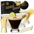 Load image into Gallery viewer, Vemacity martini glass gift set with four stemless martini glasses, cocktail picks, jigger, and gift box packaging, ideal for cocktails and gifting.