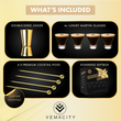 Load image into Gallery viewer, Overview of Vemacity stemless martini glass set showing included items: double-sided jigger, four glasses, four cocktail picks, and gift box.