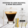 Load image into Gallery viewer, Vemacity stemless martini glass with gold rim shown with product dimensions 4.1 x 4.1 inches and set of four design, including gold bar accessories.