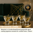Load image into Gallery viewer, Four Vemacity stemless martini glasses with gold rims and olives on cocktail sticks, displayed on a tray in a modern living room setting.