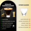 Load image into Gallery viewer, Comparison of Vemacity stemless martini glasses with gold rim versus generic glasses, highlighting handmade quality, bar accessories, gift packaging, and 7.5oz capacity.