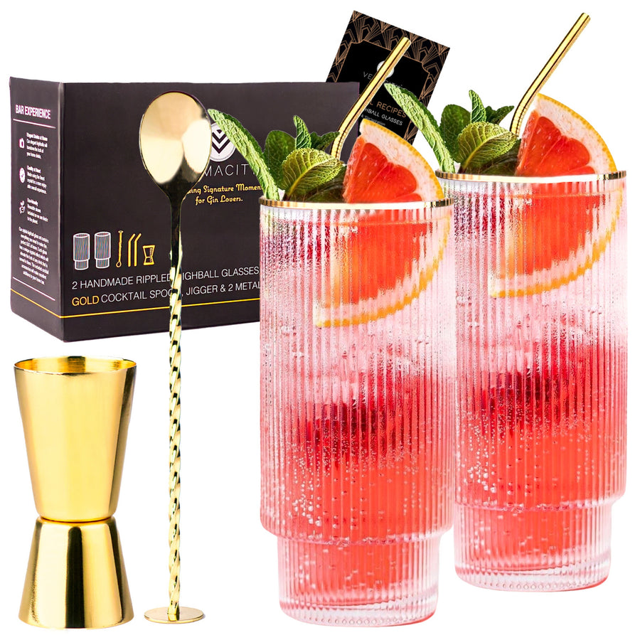 Ribbed Highball Glasses With Gold Accessories