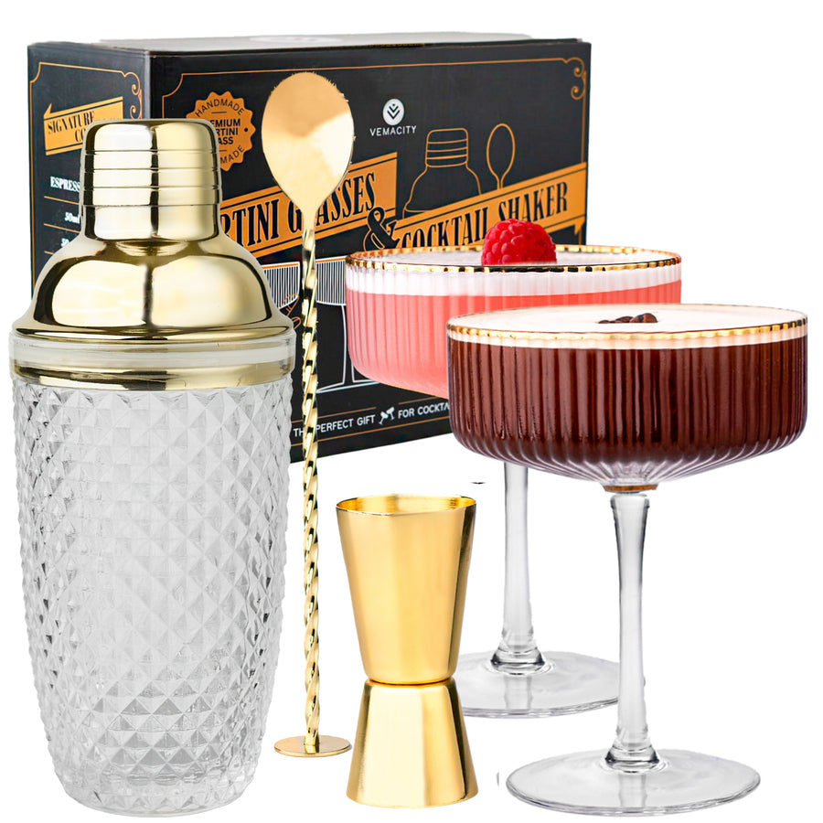 Luxury Glass Cocktail Shaker Set + 2 Ribbed Martini Glasses