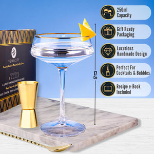 Vemacity Martini Glasses Set of 4 with Gold Rims | Vintage Style with Gold Bar Spoon & Jigger | Champagne Coupe Glasses | Recipe e-Book (PDF) | Perfect Espresso Martini Cocktail Gift Set