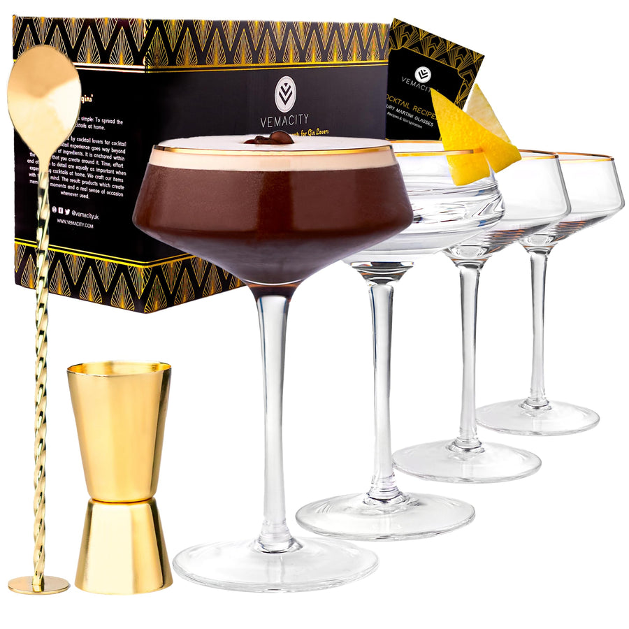 Vemacity Martini Glasses Set of 4 with Gold Rims | Vintage Style with Gold Bar Spoon & Jigger | Champagne Coupe Glasses | Recipe e-Book (PDF) | Perfect Espresso Martini Cocktail Gift Set