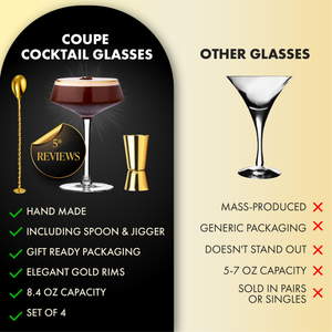 Handmade luxury coupe cocktail glasses with gold rim by Vemacity, perfect for elegant cocktail nights and celebrations