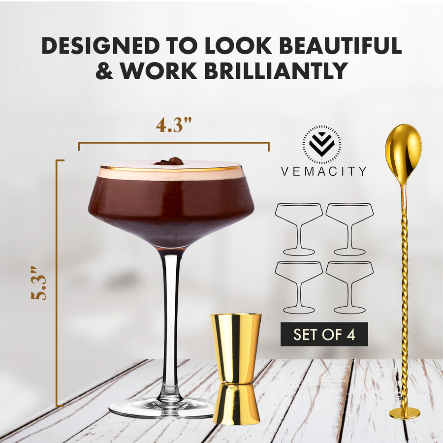 Set of 4 handmade coupe cocktail glasses by Vemacity, featuring premium design with gold rims