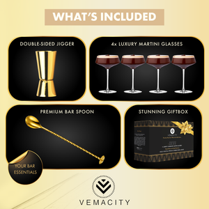 Premium luxury coupe cocktail glasses by Vemacity, elegant set of 4 with bar accessories and gift box