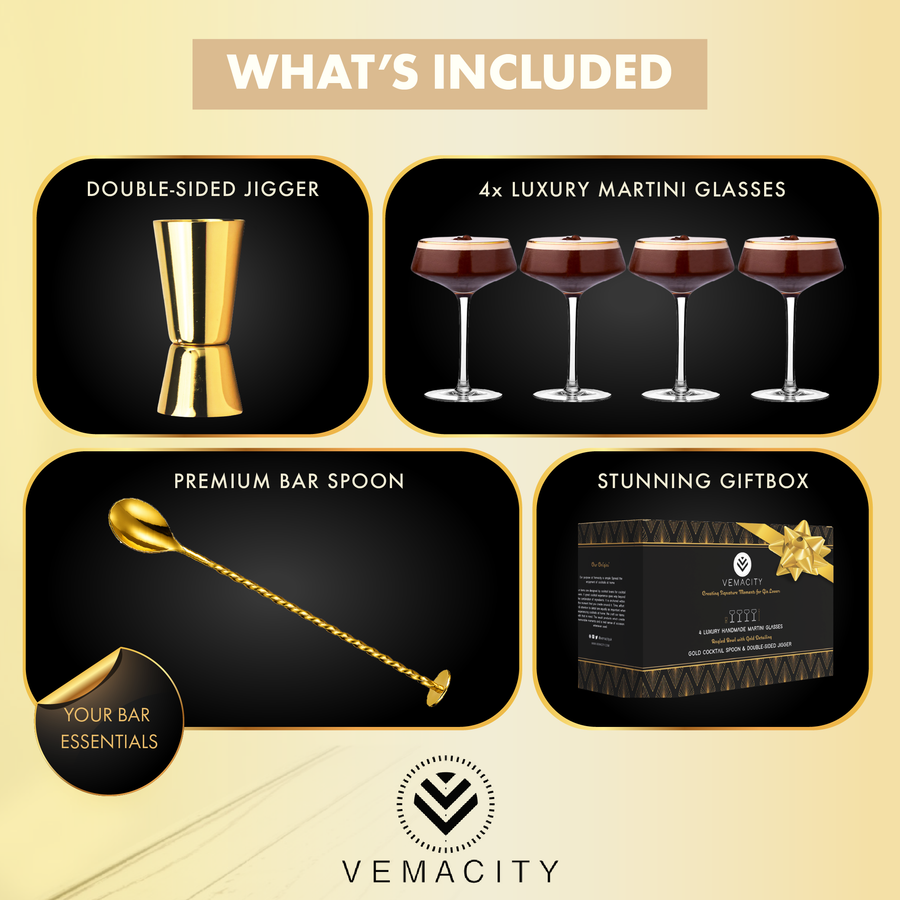 Premium luxury coupe cocktail glasses by Vemacity, elegant set of 4 with bar accessories and gift box