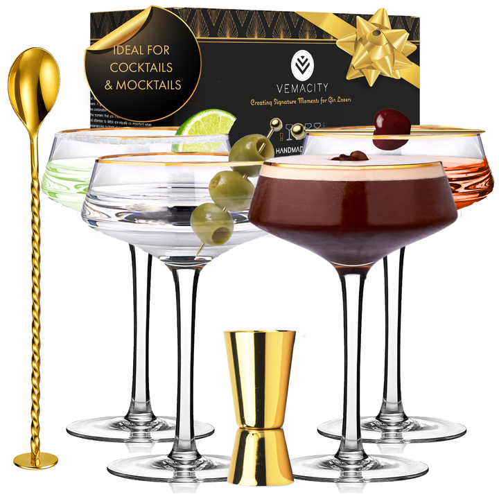 Set of 4 luxury coupe cocktail glasses with elegant gold rim by Vemacity, perfect for serving cocktails and champagne