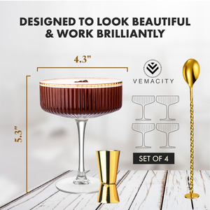 Cocktail ribbed martini glasses with gold rim and size dimensions, premium design