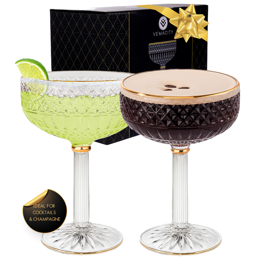 Luxury Coupe Cocktail Glasses Set of 2 or 4- Embossed Lounge Bar Quality Champagne Glasses/Champagne Saucers with Gold Detailing- Martini Glasses