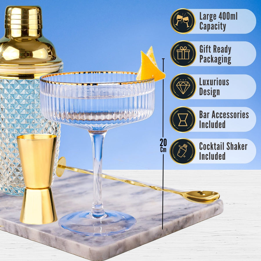 Luxury Glass Cocktail Shaker Set + 2 Ribbed Martini Glasses - Vemacity