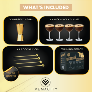 Nick and Nora glassware gift set contents: 4 glasses with gold rim, double-sided gold jigger, 4 gold cocktail picks, and luxury gift box.