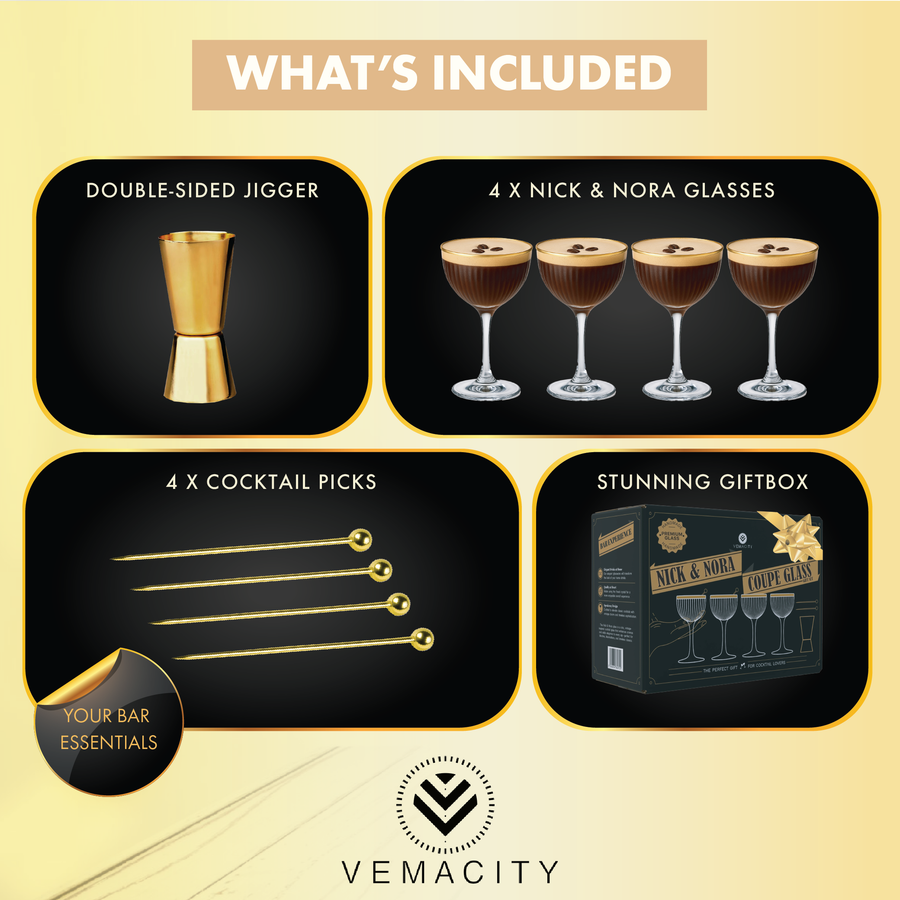 Nick and Nora glassware gift set contents: 4 glasses with gold rim, double-sided gold jigger, 4 gold cocktail picks, and luxury gift box.