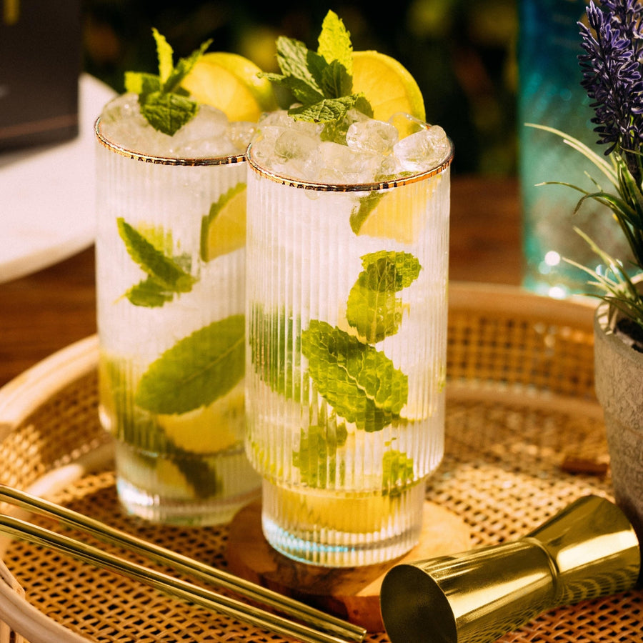 Ribbed Highball Glasses With Gold Accessories - Vemacity