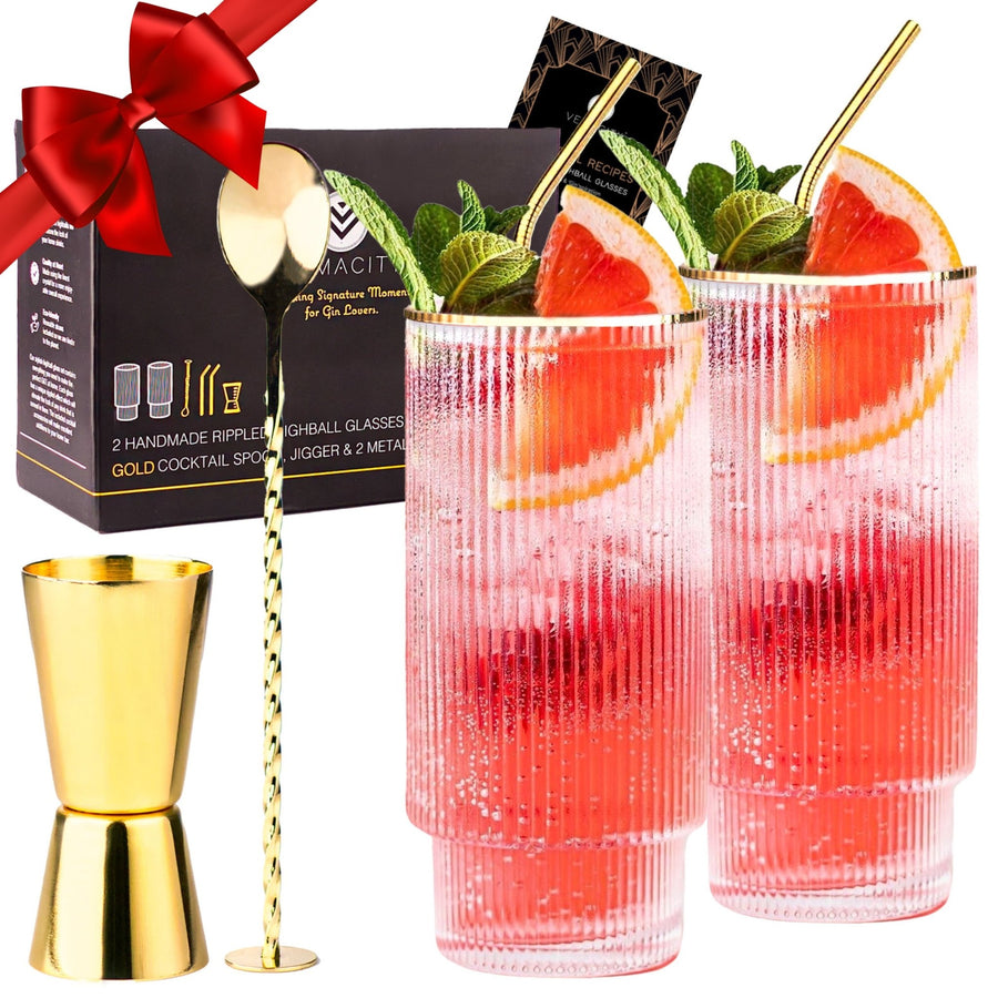 Ribbed Highball Glasses With Gold Accessories - Vemacity