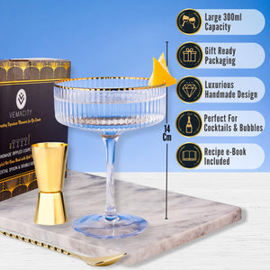 Ribbed Martini Glasses Set of 4 With Gold Bar Accessories - Vemacity