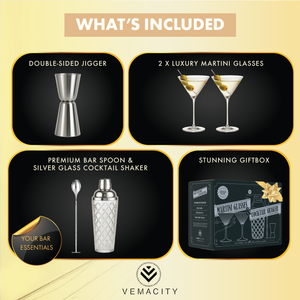 What’s included: double‑sided jigger, 2 ribbed martini glasses, premium bar spoon, silver glass cocktail shaker, and gift box.