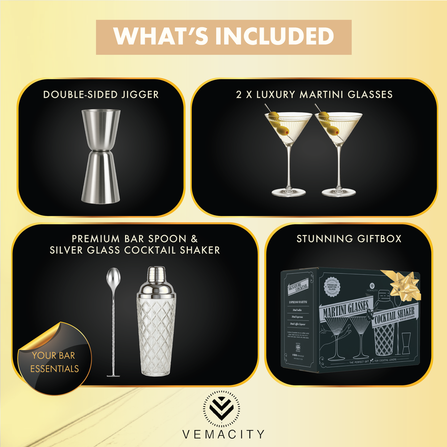What’s included: double‑sided jigger, 2 ribbed martini glasses, premium bar spoon, silver glass cocktail shaker, and gift box.