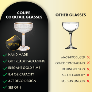 Comparison chart showing handmade coupe cocktail glass with gold rim vs generic coupe glass
