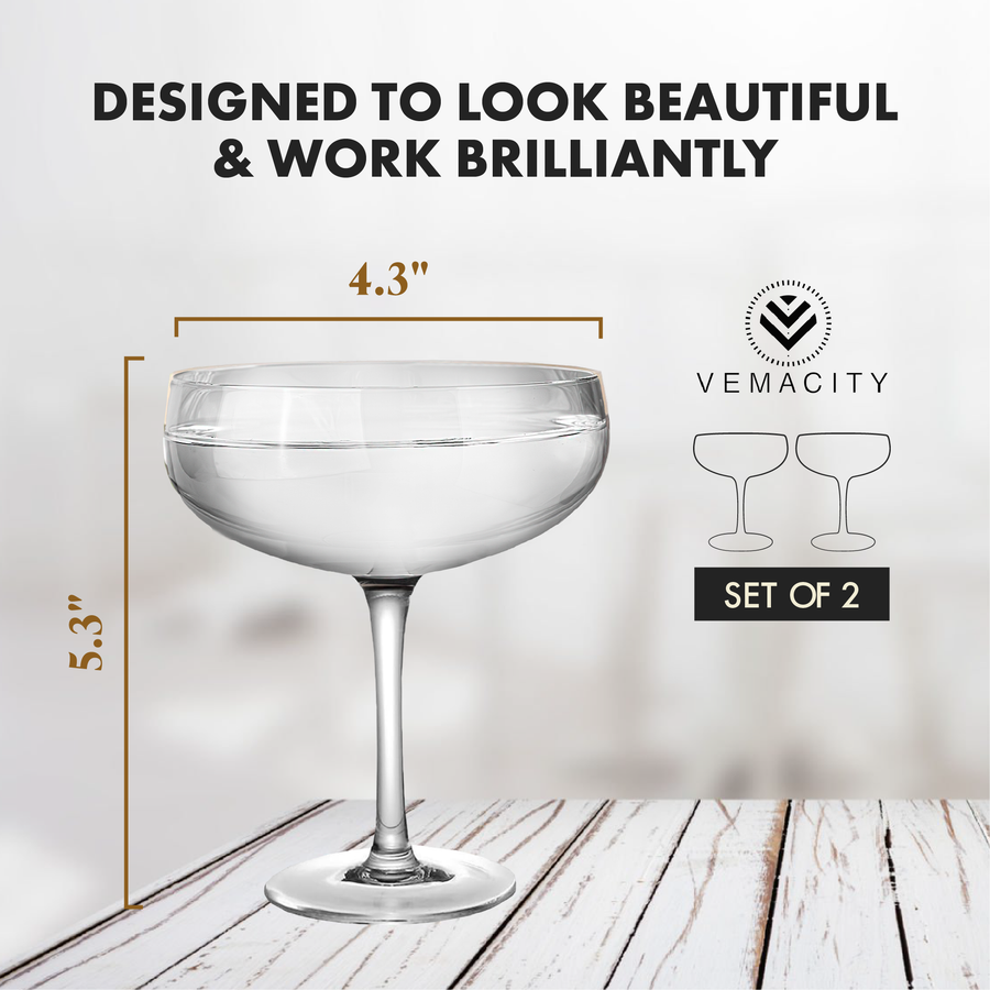Single crystal coupe cocktail glass by Vemacity with size dimensions 5.3 inches tall and 4.3 inch wide bowl, set of 2.