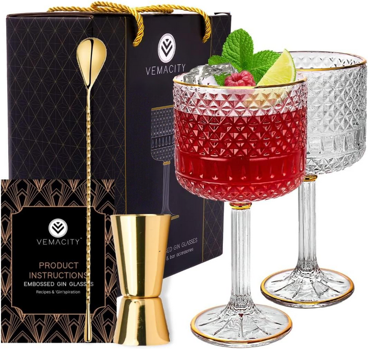 Vemacity embossed crystal gin glasses with gold rim, perfect for cocktails, gin and tonic, and home bar entertaining