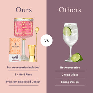 18th birthday embossed gin glass with gold rim and cocktail set