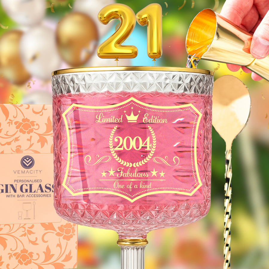 21st birthday embossed gin glass with gold rim and cocktail set