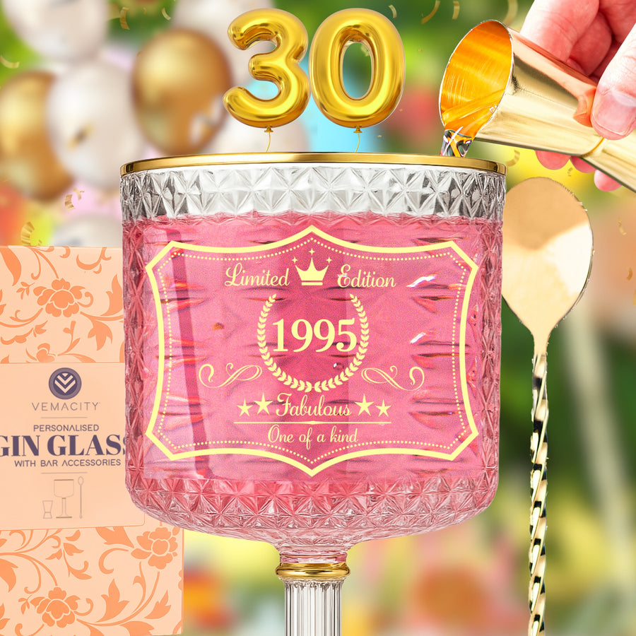 30th birthday gin glass with embossed crystal design and cocktail set