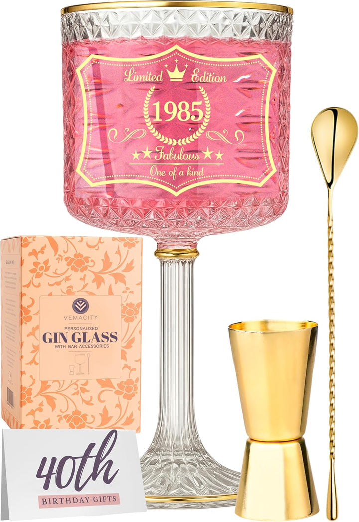 40th birthday gin glass gift set with embossed design and bar accessories