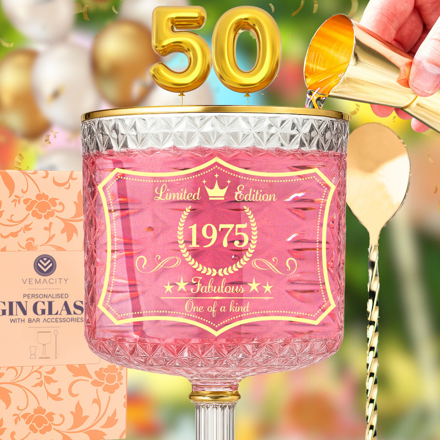 50th birthday embossed gin glass gift set with gold rim and accessories
