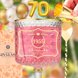 70th birthday gin glass with gold rim, embossed design and cocktail accessories