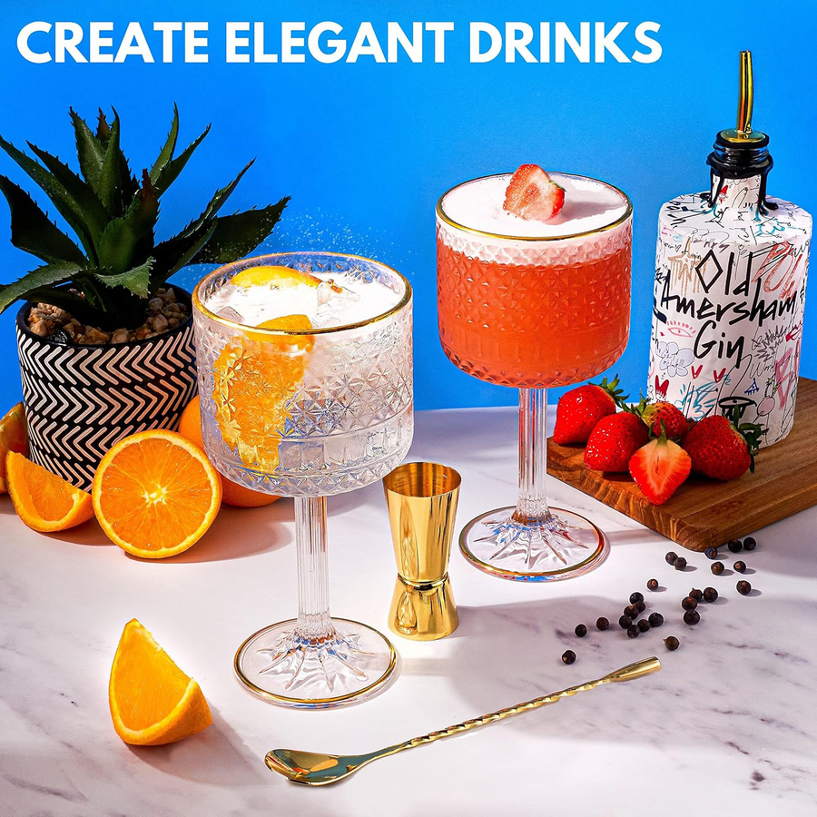 Vemacity premium gin glass gift set including embossed crystal glasses, gold jigger, and cocktail bar spoon
