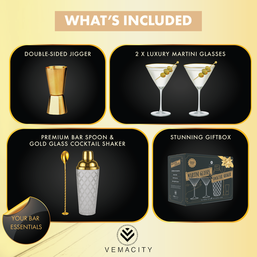 Cocktail gift set includes gold cocktail shaker, martini glasses, bar spoon, jigger, and gift box.