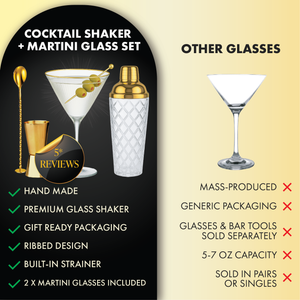 Comparison of handmade martini glass and gold cocktail shaker set vs generic glasses.