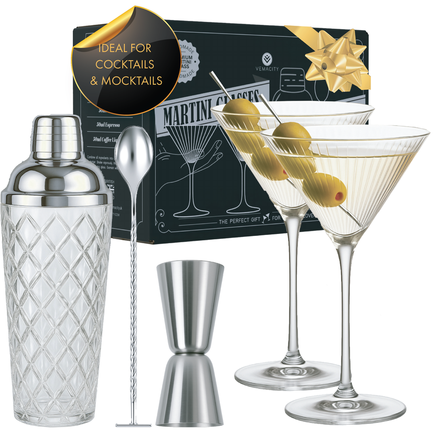 Vemacity cocktail shaker and martini glass gift set: two ribbed glasses with olives, silver glass shaker, bar spoon, and jigger.